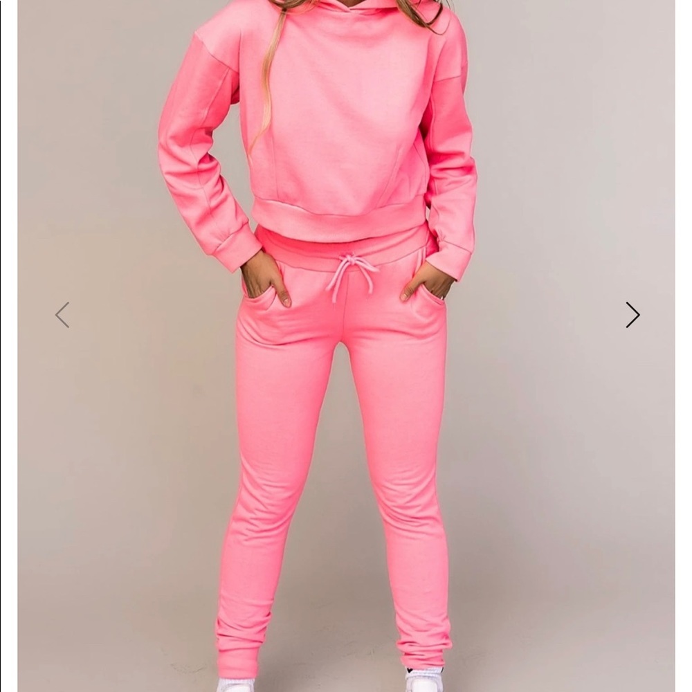pink jogger set-dressed in LaLa
